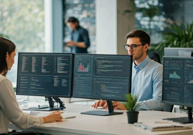 Business meeting with monitors displaying operational data